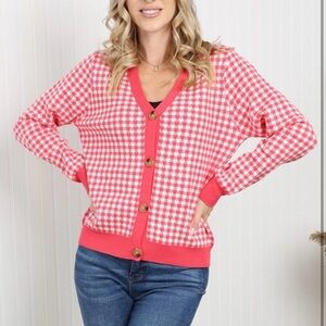 Sew in Love Womens Medium Cardigan Coral/Ivory Houndstooth Button-Up